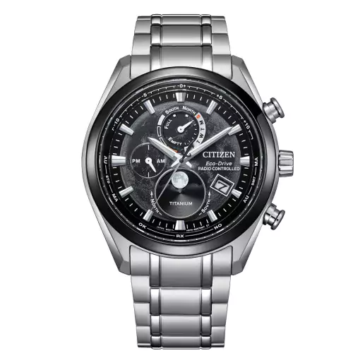 Citizen BY1018-80E reloj negro radiocontrolado fase lunar titanio hombre 